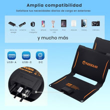 Carregar imagem no visualizador da galeria, FlexSolar Cargadores Solares Portátiles 40W, USB Potencia de Emergencia ETFE Paneles Plegables IP67 Impermeable Camping Senderismo para Teléfonos, Ventiladores, Linternas