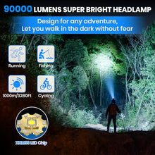 Carregar imagem no visualizador da galeria, LEKIA Linterna Frontal LED Recargable USB-C, Alta Potencia 90000 Lumens 4 Modos Linterna Cabeza Recargable con Sensor, Batería de 9000mAh, IP65 Resistente al Agua, Zoom de 90°para Exteriores, Camping