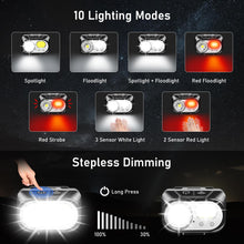 Carregar imagem no visualizador da galeria, Blukar Linterna Frontal Recargable, Superbrillante Linterna Cabeza LED Atenuación Continua, 10 Modos con Luz Roja & Sensor de Movimiento, IPX5 Impermeable para Camping, Correr, Excursión, Pesca