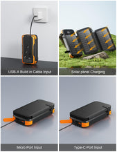 Carregar imagem no visualizador da galeria, Solar Power Bank 27000mAh,Cargador Portátil con 4 Cargadores Plegables de Panel Solar Externo,4 Cables Integrados, con 2 Linternas LED, para iPhone,Tablets(Color Naranja)