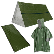 Carregar imagem no visualizador da galeria, URPIZY Kit de supervivencia de emergencia 3 en 1, impermeable térmico, saco de dormir, kit de tienda de campaña para acampar al aire libre, verde oliva