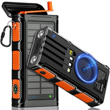 Carregar imagem no visualizador da galeria, Powerbank Solar Inalámbrico de 26800mAh con Manivela y 4 Cables, Batería Externa de Carga Rápida 3A con 7 Salidas y 4 Entradas, Linterna, Panel Solar Impermeable para Teléfono Móvil en Exteriores.