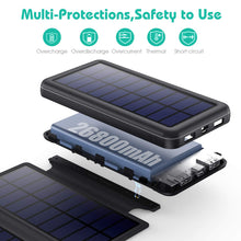 Carregar imagem no visualizador da galeria, iPosible Batería Externa 26800mAh Power Bank con 4 Paneles Solares Impermeables Plegables, 2 Salidas y 3 Entradas Cargador Solar Batería Solar Portátil para iPhone Samsung Huawei Xiaomi etc.