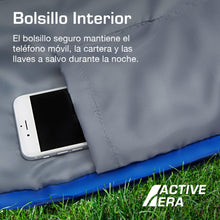 Carregar imagem no visualizador da galeria, Active Era Saco de Dormir 220 cm x 80 cm Peso 300gr - Confort 10°C a 0°C. Resistente al Agua, Relleno de Doble Capa, Cálido con Capucha y Cordón. Saco de Dormir Adulto- Azul