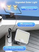 Carregar imagem no visualizador da galeria, SIGRILL Focos Exterior Solares, 172LED Luz Solar Exterior con Sensor de Movimiento 3 Modos, IP65 Lampara Solar con Mando a Distancia, 6000K Luz Solar Exterior Jardin Garajes