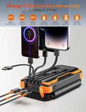 Carregar imagem no visualizador da galeria, Solar Power Bank 27000mAh,Cargador Portátil con 4 Cargadores Plegables de Panel Solar Externo,4 Cables Integrados, con 2 Linternas LED, para iPhone,Tablets(Color Naranja)