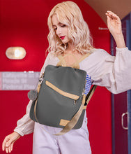 Carregar imagem no visualizador da galeria, DORRISO Mochila de Mujer Casual Bolso de Mano Bandoleras Antirrobo Bolsa de Viaje Bolsa de Escuela PU Cuero + Nailon Mochila Adorno de Pompón Señoras Bolsa Mochilas Gris