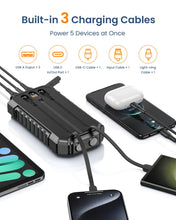 Carregar imagem no visualizador da galeria, Cargador Solar 27000mAh, Hiluckey 15W Portátil Power Bank con 3 Cables y 3 Puertos, USB C Carga Rápida Imperable Batería Externa para Smartphones, Tabletas y Acampar al Aire Libr