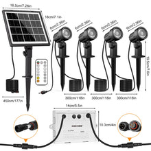 Carregar imagem no visualizador da galeria, MEIKEE Luces Solares Led Exterior Jardin 4 en 1 Focos Led Exterior Solares Impermeable IP66, 2500K-6500K Regulable, 3 Modos, 3 Brillos 5000mAh Iluminación para Jardín, Césped, Camino, Terraza