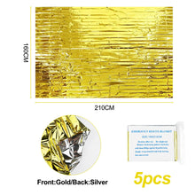 Carregar imagem no visualizador da galeria, Traxenta 5 Piezas Manta Térmica Supervivencia, Mantas Térmicas de Emergencia Oro Plata, Botiquin Manta para Coche, Camping, Montaña Senderismo, Mochila, Fria, Aislante Primeros Auxilios 160 x 210cm