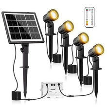 Carregar imagem no visualizador da galeria, MEIKEE Luces Solares Led Exterior Jardin 4 en 1 Focos Led Exterior Solares Impermeable IP66, 2500K-6500K Regulable, 3 Modos, 3 Brillos 5000mAh Iluminación para Jardín, Césped, Camino, Terraza