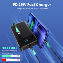 Carregar imagem no visualizador da galeria, Power Bank 26800mAh Bateria Externa con 3 Cable Integrado, PD 25W QC4.0 Bateria Portatil Carga Rápida USB C Cargador Portátil con 5 Salidas para iPhone 16/15/14, Samsung, Huawei Teléfonos Android etc.