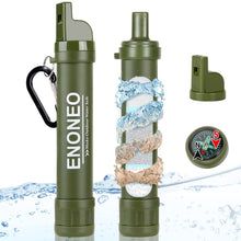Carregar imagem no visualizador da galeria, ENONEO Filtro de Agua Personal 1500L Purificador Agua Portatil Elimine 99.99% de Bacterias y Protozoos con Espejo, Silbato y Brújula Filtro Agua Supervivencia Senderismo Acampada (Verde)