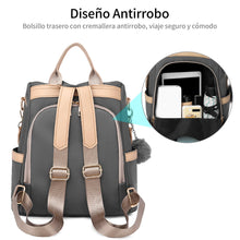 Carregar imagem no visualizador da galeria, DORRISO Mochila de Mujer Casual Bolso de Mano Bandoleras Antirrobo Bolsa de Viaje Bolsa de Escuela PU Cuero + Nailon Mochila Adorno de Pompón Señoras Bolsa Mochilas Gris