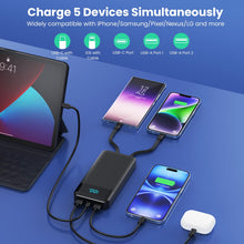 Carregar imagem no visualizador da galeria, Power Bank 26800mAh Bateria Externa con 3 Cable Integrado, PD 25W QC4.0 Bateria Portatil Carga Rápida USB C Cargador Portátil con 5 Salidas para iPhone 16/15/14, Samsung, Huawei Teléfonos Android etc.