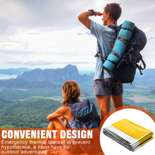 Carregar imagem no visualizador da galeria, PQETBV Manta Térmica de Emergencia 10 Piezas, Mantas de Aluminio en Dorado y Plateado, 210 ×160 cm, Mantas Termicas Supervivencia para Rescate Protege del Frío, la Lluvia, el Viento