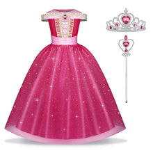 Upload image to gallery viewer, URAQT Disfraz Princesa Niña, Disfraces Princesas Disney Niña con Varita Mágica y Corona, Disfraz Halloween Niña 4 Años para Cumpleaños Halloween Fiesta Durmiente Princesa Traje Cosplay, 100cm