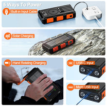 Carregar imagem no visualizador da galeria, Powerbank Solar Inalámbrico de 26800mAh con Manivela y 4 Cables, Batería Externa de Carga Rápida 3A con 7 Salidas y 4 Entradas, Linterna, Panel Solar Impermeable para Teléfono Móvil en Exteriores.