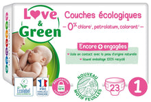 Carregar imagem no visualizador da galeria, Love & Green – Pañales hipoalergénicos 0% para bebé, 23 pañales, talla 1