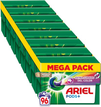 Carregar imagem no visualizador da galeria, ARIEL PODS Tudo em 1 detergente máquina de lavar líquido em cápsulas/comprimidos, 96 lavagens (8 x 12), sabão limpeza profunda, mais cor, cuidado extra da cor e do brilho