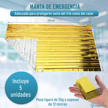 Carregar imagem no visualizador da galeria, Vidaprime Manta Térmica Supervivencia Reutilizable X5 UNIDADES Manta Emergencia térmica Mantas Térmicas de supervivencia GRANDE 210x160cm Mantas de Supervivencia PROTECCIÓN Frío y Calor Lluvia Viento.