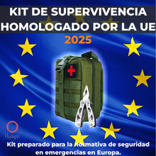 Carregar imagem no visualizador da galeria, Kit Supervivencia UE 2025 con Mochila Botiquín y Linterna, Manta Térmica Supervivencia, Cuchillo Supervivencia Militar Profesional más Hacha, Tiritas, Vendas, Silbato y Brújula (Guardian - Estándar)