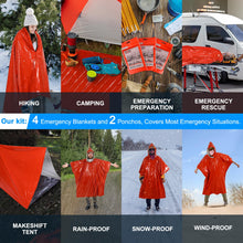 Carregar imagem no visualizador da galeria, Terdemor Poncho de Emergencia (Paquete de 4), Manta de Emergencia (Paquete de 2) con Forro de Manta de Mylar, Manta de Supervivencia Mucho más Grande y Gruesa para preparación de Emergencia, Camping,