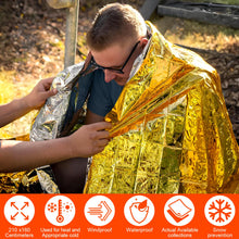 Carregar imagem no visualizador da galeria, PQETBV Manta Térmica de Emergencia 10 Piezas, Mantas de Aluminio en Dorado y Plateado, 210 ×160 cm, Mantas Termicas Supervivencia para Rescate Protege del Frío, la Lluvia, el Viento