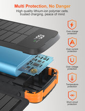 Carregar imagem no visualizador da galeria, Solar Power Bank 27000mAh,Cargador Portátil con 4 Cargadores Plegables de Panel Solar Externo,4 Cables Integrados, con 2 Linternas LED, para iPhone,Tablets(Color Naranja)