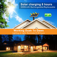 Carregar imagem no visualizador da galeria, MEIKEE Luces Solares Led Exterior Jardin 4 en 1 Focos Led Exterior Solares Impermeable IP66, 2500K-6500K Regulable, 3 Modos, 3 Brillos 5000mAh Iluminación para Jardín, Césped, Camino, Terraza