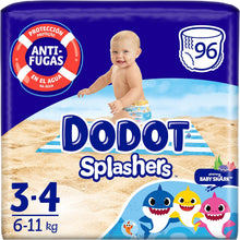 Carregar imagem no visualizador da galeria, Dodot Fraldas de banho para bebé Splashers, tamanho 3-4 (6-11 kg), 96 fraldas descartáveis com proteção contra fugas na água