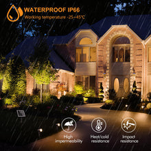 Carregar imagem no visualizador da galeria, MEIKEE Luces Solares Led Exterior Jardin 4 en 1 Focos Led Exterior Solares Impermeable IP66, 2500K-6500K Regulable, 3 Modos, 3 Brillos 5000mAh Iluminación para Jardín, Césped, Camino, Terraza