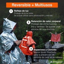 Carregar imagem no visualizador da galeria, aZengear Poncho de Supervivencia (4 Piezas) Mantas térmicas de Emergencia para retención de Calor y Lluvia | Reversible con Capucha, Impermeable, Resistente al Viento | Senderismo