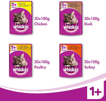 Carregar imagem no visualizador da galeria, Whiskas - Bolsas de comida húmeda, deliciosa y sabrosa selección de aves en gelatina, adecuada para gatos de 1 a 1 años, mega paquete de 120 x 100 g