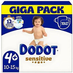 Dodot Sensitive Talla 4+ Extra Absorción (10-15 kg) – Pack Ahorro 192 Pañales + 64 Toallitas Dodot Dermo Gratis, Protección suave y alta absorción para piel sensible