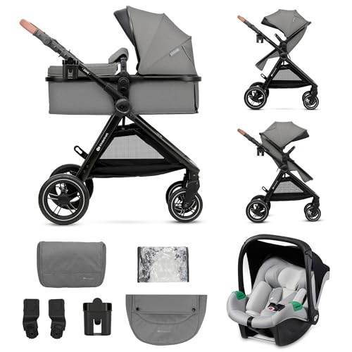 Kinderkraft ESME Silla de Coche 3 en 1 Set, con Portabebés Mink PRO I-Size, Sistema de Viaje, Cochecito para Bebé, Cochecito, Plegable, para Recién Nacido hasta 4 Años, Gris
