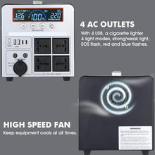 Carregar imagem no visualizador da galeria, Power Station 1000W/666Wh, Mashine Generador Portátil Recargable con Batería de Reserva para Camping, Autocaravanas, Drones, Primeros Auxilios e Iluminación Exterior, con 4 Tomas de CA
