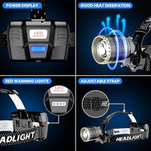 Carregar imagem no visualizador da galeria, LEKIA Linterna Frontal LED Recargable USB-C, Alta Potencia 90000 Lumens 4 Modos Linterna Cabeza Recargable con Sensor, Batería de 9000mAh, IP65 Resistente al Agua, Zoom de 90°para Exteriores, Camping
