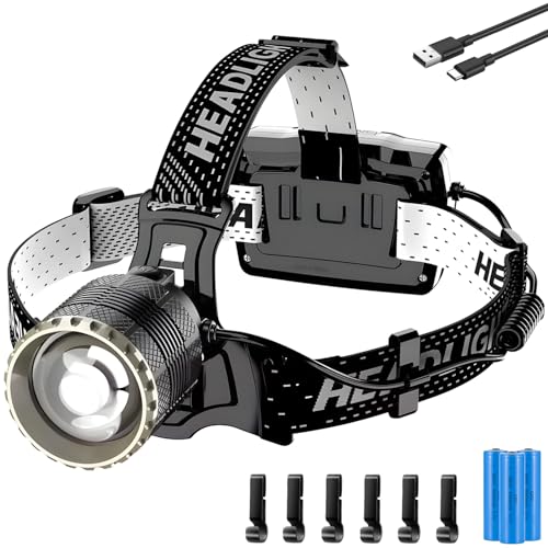 LEKIA Linterna Frontal LED Recargable USB-C, Alta Potencia 90000 Lumens 4 Modos Linterna Cabeza Recargable con Sensor, Batería de 9000mAh, IP65 Resistente al Agua, Zoom de 90°para Exteriores, Camping