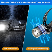 Carregar imagem no visualizador da galeria, LEKIA Linterna Frontal LED Recargable USB-C, Alta Potencia 90000 Lumens 4 Modos Linterna Cabeza Recargable con Sensor, Batería de 9000mAh, IP65 Resistente al Agua, Zoom de 90°para Exteriores, Camping
