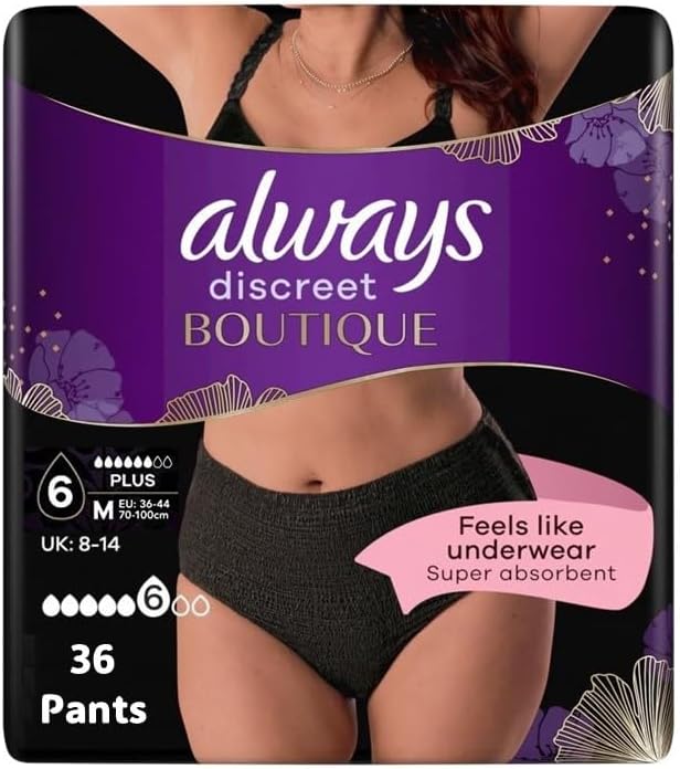 Always Discreet Lote de 4 cuecas para incontinência e incontinência, tamanho M, cor preta