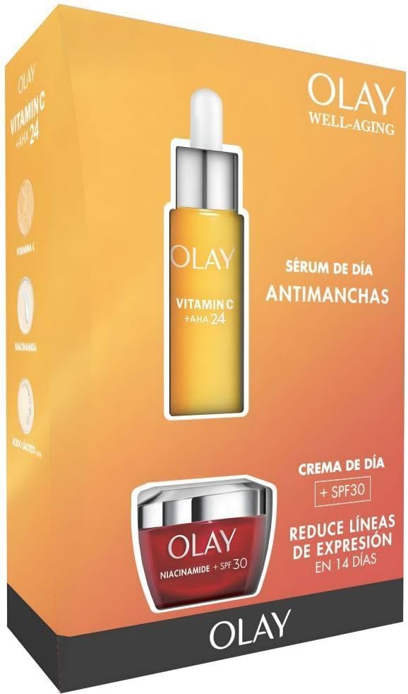 Olay Kit de cuidados faciais diários: Sérum vitamina C AHA24 (40 ml) creme hidratante niacinamida SPF30 (50 ml) para manchas, hidratação e proteção solar