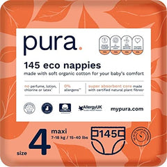 Pura Pañales de bebé Premium Eco tamaño 4 (Maxi 10-17 kg) 5 paquetes de 29 pañales (145 en total), fibras vegetales naturales con certificado FSC, puros y respetuosos con el medio ambiente