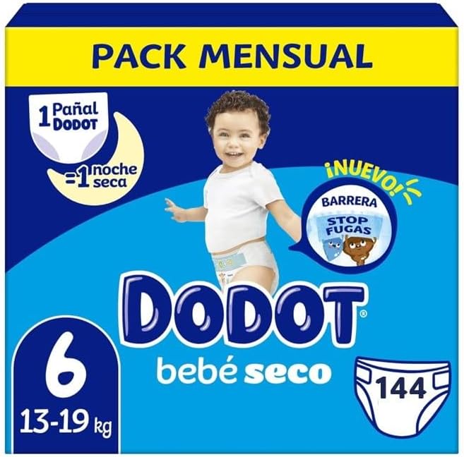 Dodot - Fraldas Bebé Seco T6 13-19 Kg com 144, Fraldas com Proteção Antifugas, Pack Mensal