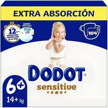 Laden Sie das Bild in den Galerie-Viewer.Dodot Sensitive Pañales, Talla 6+, Extra Absorción, 164 Unidades, Para Bebés 14+ kg, 12 Horas de Protección, Con Barreras Antifugas y Materiales Ultra Suaves
