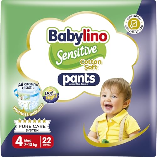 Babylino Sensitive Cotton Soft Pants, Talla 4 (7-13 Kg), Pañal Braguita con Ajuste 360° Anti-Fugas, 22 pañales