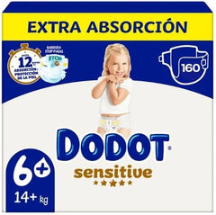 Dodot Sensitive Pañales, Talla 6+, Extra Absorción, 160 Unidades, Para Bebés 14+ kg, 12 Horas de Protección, Con Barreras Antifugas y Materiales Ultra Suaves