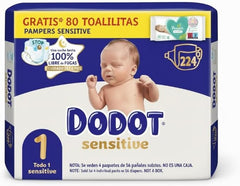 Dodot Sensitive Tamanho 1 (224 pañales) - Formato de 4 paquetes de 56 uds - Incluye Regalo Toallitas Pampers 80 unidades