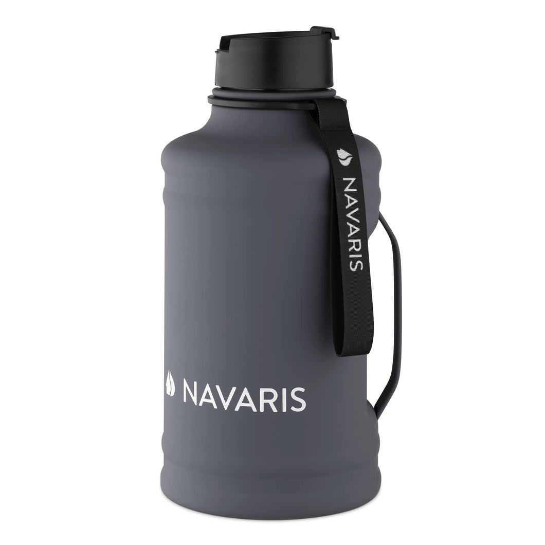 Navaris Cantimplora de acero inoxidable - Botella de agua deportiva 2.2 L - Garrafa reutilizable con asa para gimnasio deporte camping - Gris oscuro