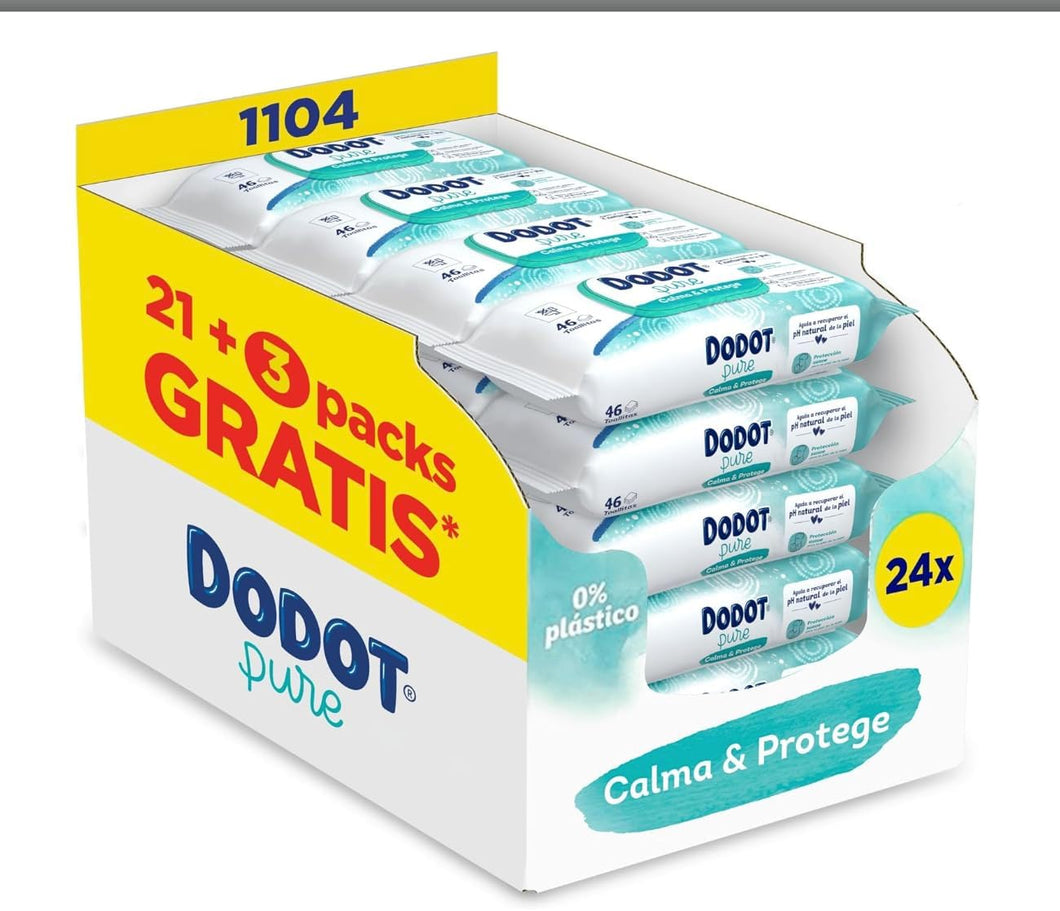 Dodot Pure Toalhetes para bebé, acalma e proteja com Aloe Vera para a pele sensível do seu bebé, 1104 unidades (24 pacotes x 46), 99% água, sem álcool, sem plástico